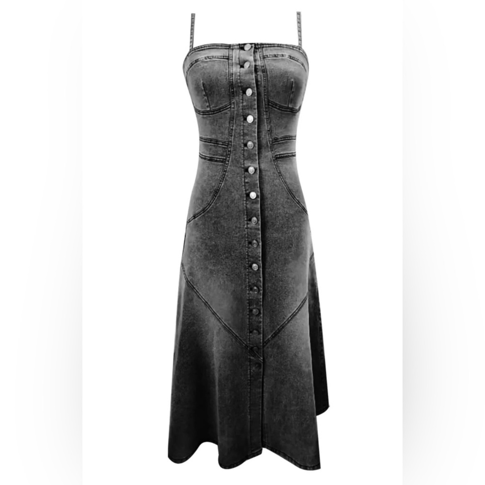 Black Denim Button-Front Midi Dress